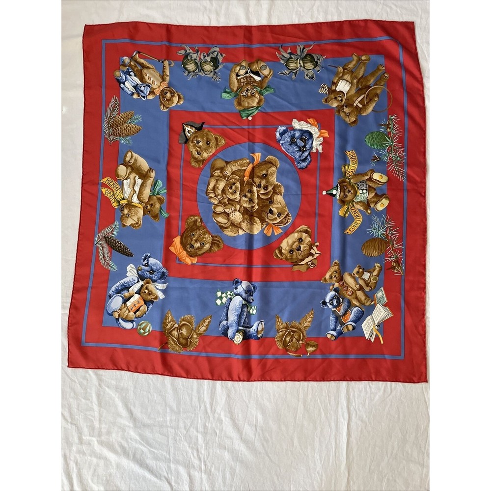 Authentic Hermes Red Blue  Confidents des Coeurs Teddy Bears Scarf HTF